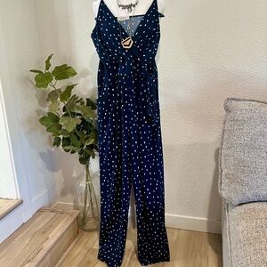Kaileigh Navy & White Abstract Print Wrap Jumpsuit with Pockets